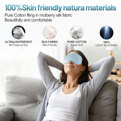 Silk Sleep Mask, Blackout Eye Mask for Sleeping with Adjustable Strap | Light-blocking Blindfold for Men & Women Pressure-Free, Soft Eye Cover Eyeshade for Side Sleeper, Travel Naps (Light Blue) - color: Light Blue