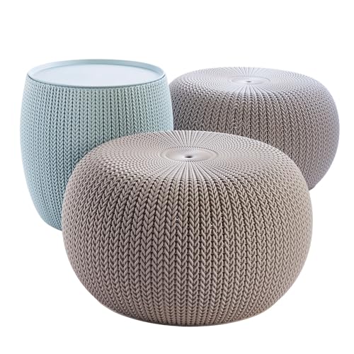 Keter Urban Knit Pouf Ottoman Set of 2 with Storage Table for Patio and Room Décor - Perfect for Balcony, Deck, and Outdoor Seating, Misty Blue & Taupe - color: Misty Blue & Taupe