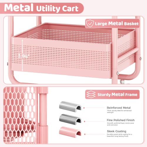 KINGRACK 3 Tier Rolling Cart with Drawer, Metal Utility Storage Cart, Pink | 3 Drawers, Pegboard & Wood Tabletop, Lockable Wheels, 4 Hooks & 1 Bin, for Living Room,Bedroom,Craft Room,Office,Kids Room - color: Pink
