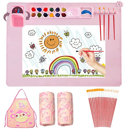 Silicone Painting Mat,Painting Stations Kit [1x Apron,1 Pair Oversleeve,20 Pieces Brushes] Craft Silicone Mats 21"X17" with Detachable Cup for Kids Gift,Paint, Clay, DIY Projects - color: Pink