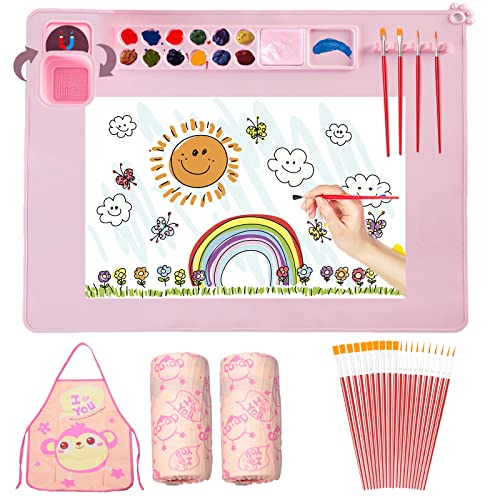 Silicone Painting Mat,Painting Stations Kit [1x Apron,1 Pair Oversleeve,20 Pieces Brushes] Craft Silicone Mats 21"X17" with Detachable Cup for Kids Gift,Paint, Clay, DIY Projects - color: Pink