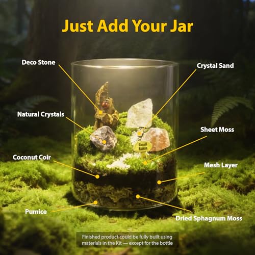 DIY Crystal Terrarium Kit - 21-Pieces All-In-One Starter Kit with Preserved Moss, Pumice, Crystals, Coconut Coir, Tools & Decor | Healing Gift for relaxing | Plants Lovers | Home & Desk Decor