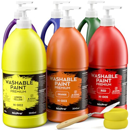 Nicpro 6 Colors Large Washable Paint Set (69 oz, 2040ml), Acrylic Bulk Paint Supplies Non Toxic Children Tempera Paint for Art, Craft DIY, Poster & Finger Paint, School, Home,Classroom | Paint Supplies Non Toxic Children Tempera Paint for Art, Craft DIY,