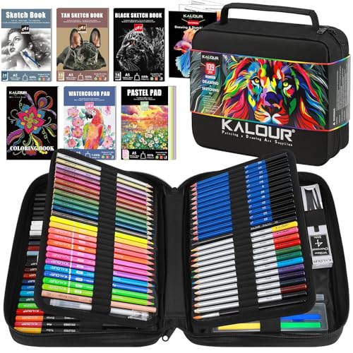 109 Drawing Set Sketching Kit, Pro Art Supplies with Fluorescent, Colored, Watercolor, Metallic, Graphite, Charcoal Pencils, 5 Sketchbook and Coloring Book, for Artists Adults Teens Beginner