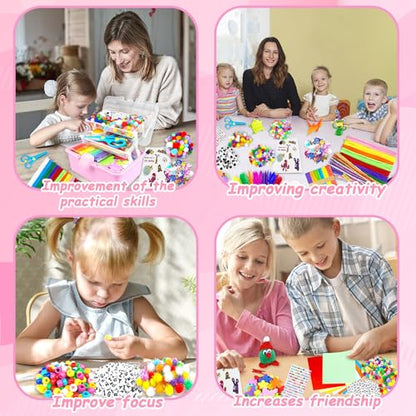 3000 Arts and Crafts Supplies for Kids Craft Kit Craft Box with Pipe Cleaners Arts and Crafts for Kids Age 4-6, 6-8, 8-12 DIY School Supplies Materials Set Toys Gifts for Girls Boys Toddlers, Pink - color: pink