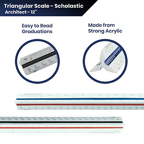 Pacific Arc Architect Triangle Scale Ruler 12 Inch with Acid Etched Markings Openly Divided by 3/32, 3/16, 1/8, 1/4, 3/8, 1/2, 3/4, 1, 1H, and 3 Inch to The Foot