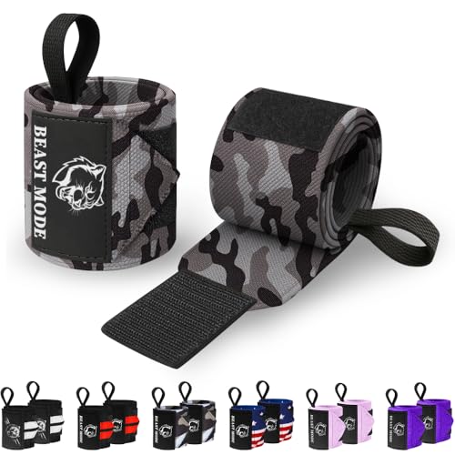 TECEUM Elastic Cotton Weightlifting Wrist Wraps with Thumb Loops, 1 Pair - color: Black Camo, style: 18" – Beast Mode