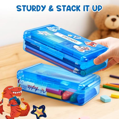 GAMENOTE Plastic Pencil Box with Personalized Sticker,Kid Hard Pencil Case with Snap-tight Lid,Small Art Craft Storage Containers,School Supplies Box for Boys,Girls (Double-Layer Blue) - color: Double-Layer Blue