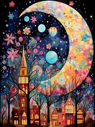 GMETNIC Diamond Art Kits for Adults- Diamond Painting Kits for Adults Beginners, 5D DIY Full Drill Round Rhinestone Gem Art Crafts Paintings for Home Wall Decor 12"x16" (Moonlit Bloom Town) - color: Moonlit Bloom Town