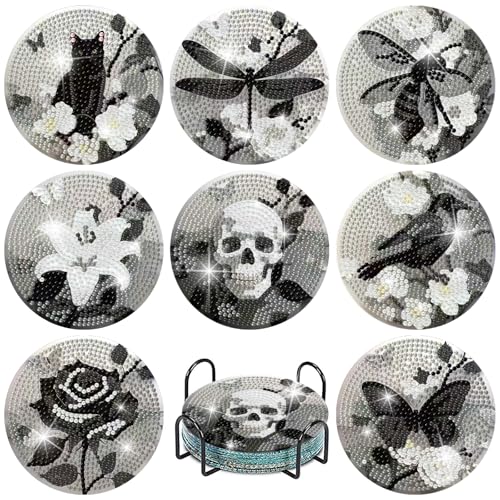 Clendo 8 Pcs Gothic Diamond Art Coasters Kit - DIY 5D Small Diamond Painting Coasters with Holder, Mini Diamonds Arts Kits for Adults Coaster, Gem Art Arts and Crafts for Adults - color: Jxbd134-us