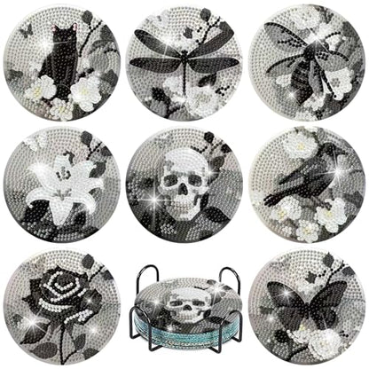 Clendo 8 Pcs Gothic Diamond Art Coasters Kit - DIY 5D Small Diamond Painting Coasters with Holder, Mini Diamonds Arts Kits for Adults Coaster, Gem Art Arts and Crafts for Adults - color: Jxbd134-us