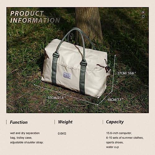 Travel Duffel Bags for Women Mens Waterproof Weekender Carry on Bag Sports Gym Bag Travel Tote Bags with Wet Pocket Overnight Bag Workout Duffel Bags with Trolley Sleeve Beige with Green - color: F9-Beige Green