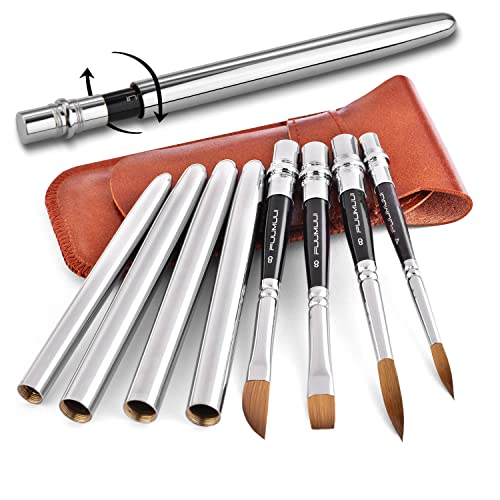Sable Travel Watercolor Brushes, Fuumuui 4pcs Kolinsky Sable Watercolor Travel Brushes with Leather Pouch - Fine Point Rounds Dagger Flat for Watercolor Gouache Ink Painting - color: Brown