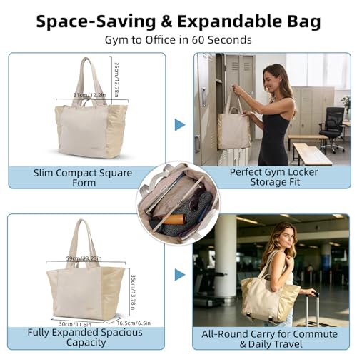 Everyday Bag Tote for Women, 25L Lightweight Spacious Gym&Work - color: Khaki