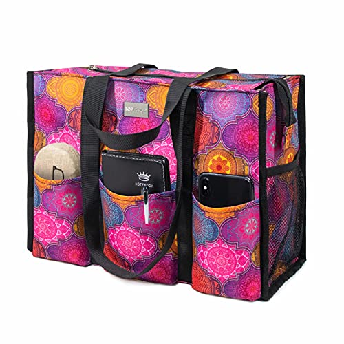 TOPDesign Utility Water Resistant Tote Bag with 13 Pockets, Zipper Closure - color: Yoga Totem, size: Medium