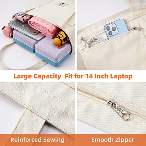 WLLWOO Yoga Mat Carrier Bag for Women Canvas Carryall Tote Gym Pilates | Large Holder Zipper Shoulder for Beach Travel Workout Fitness Office - color: Beige