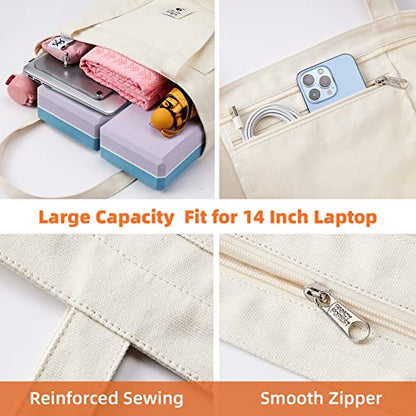 WLLWOO Yoga Mat Carrier Bag for Women Canvas Carryall Tote Gym Pilates | Large Holder Zipper Shoulder for Beach Travel Workout Fitness Office - color: Beige
