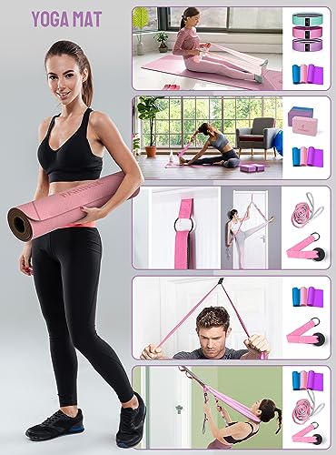 1/3 Yoga Mat Thick, Yoga Set for Beginners | Include High Density Mat with Multi-loops Strap, Blocks, Booty Resistance Band Set, Door Anchor, Carring Bag & Strap - color: PINK&GREY