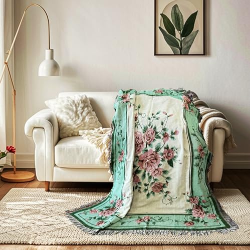 Rose Jacquard Woven Tapestry Throw Blanket 50"x60" | Floral wall hanging art soft travel mat,Fringe Tassels,multipurpose indoor outdoor Décor for Couch, Sofa, Bed, Living Room - color: Rose
