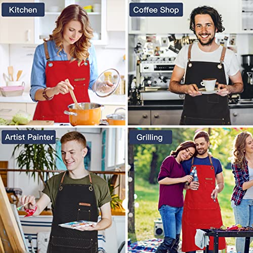 Genixart Chef Apron Men Women, Kitchen Aprons Cooking, BBQ - Black, 6 Pack | Box Packed, Cotton Canvas, Cafe, Bar, Workshop, Restaurant, Water & Oil Stain Resistant, Cross Back Adjustable, Large Pockets - color: Black, 6 Pack