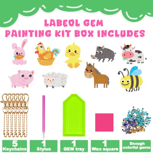 Labeol Arts and Crafts for Kids - Creat Your Own GEM Keychains-5D Diamond Painting by Numbers GEM Kits for Kids Girls Toddler Age 6-7 6-8 10-12 - style: Farm