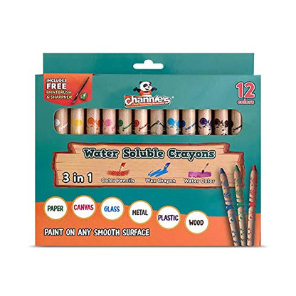 Channie's 3 in 1 Water Soluble Crayons for Kids: Wax Crayons, Color Pencils & Water Color, With Free Paint Brush & Sharpener, Paint on Any Smooth Surface, 12 Color Set