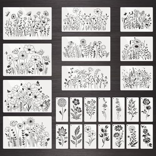 24 Pcs Stencils for Crafts Reusable, Floral Painting Templates - Flower, Leaf, Branch Botanical Nature Designs for DIY Wood Canvas Wall Card Scrapbook Decor - color: flowers