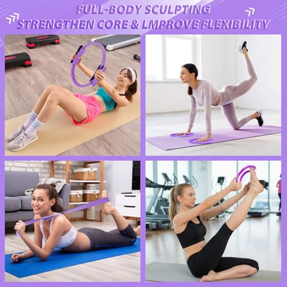 Halloscume 24 Pcs Pilates Kit, Home Pilate Equipment for Women, Pilates Ring and Ball Set with Stretching Strap, Water Bottle, Magic Circle, Yoga Ring, Gym Bag, Resistance Band, Anti Slip Sock - color: Purple