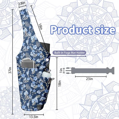 Yoga Bag for Women, Large Yoga Mat Bag Tote Carrier with Wet Dry Pocket | Water Bottle Holder & Adjustable Strap, Fits 1/2" Thick Yoga Mat for Gym, Pilates, Travel, Work - color: Blue Flower