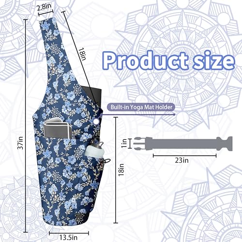 Yoga Bag for Women, Large Yoga Mat Bag Tote Carrier with Wet Dry Pocket | Water Bottle Holder & Adjustable Strap, Fits 1/2" Thick Yoga Mat for Gym, Pilates, Travel, Work - color: Blue Flower