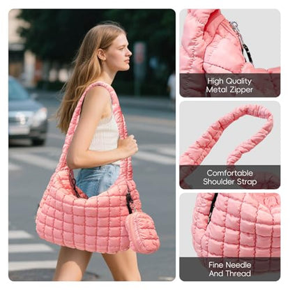 Puffer Tote Bag for Women, Large Quilted Puffer Bag with Pouch, Puffy Quilted Hobo Bag, Puff Crossbody Purse - color: 2-pink