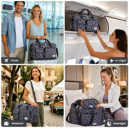 FIORETTO Women's Gym Duffle Bag with Shoes Compartment, 30L Capacity, Ideal for Travel, Gym, Sports, Duffel, Weekender - color: Leopard Grey, style: Gym Bag With Toiletry Bag