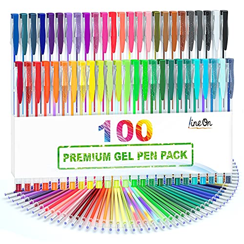 Lineon 100 Pack Gel Pens Set, 50 Colors Gel Pens with 50 Refills Gel Pen Set for Adult Coloring Books Drawing Doodling Art Markers