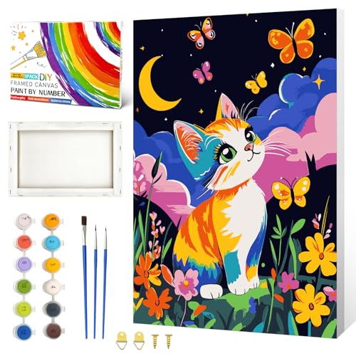 ZTOTZ Framed Paint by Number Kids Teens Ages 8-12,Cute Cat | Easy Paint by Numbers Kit for Kids,Number Artist Framed Canvas for Wall Decor 8x12inch - color: A-12-cat