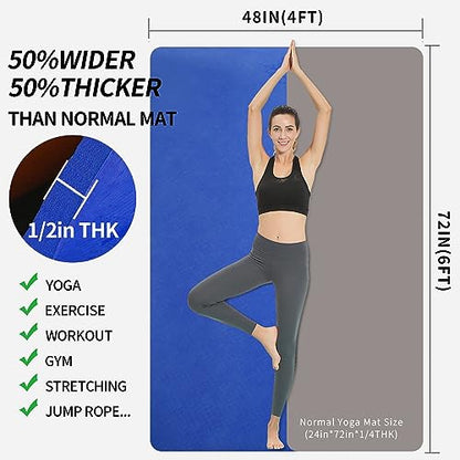 Hatha Yoga Large TPE Yoga Mat 6'x4'x1/2" Extra Thick Non-Slip Exercise Mat - for Yoga Pilates & Home Gym Workouts - color: Blue