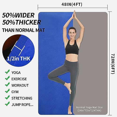 Hatha Yoga Large TPE Yoga Mat 6'x4'x1/2" Extra Thick Non-Slip Exercise Mat - for Yoga Pilates & Home Gym Workouts - color: Blue