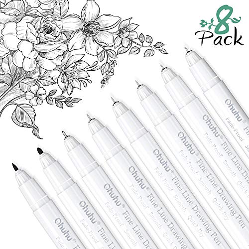 Ohuhu Fineliner Micro Drawing Pens: 8-size Tips (Ultra-fine, Fine & Brush) | Waterproof Pigment Black Ink for Illustration Drawing Journaling Sketching for Artist Beginners