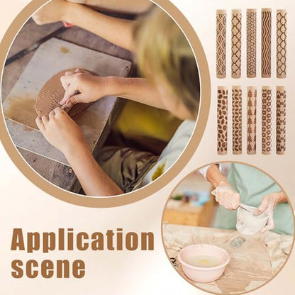 10 PCS Wooden Clay Texture Rollers Set, 100mm Pottery Pattern Rolling Pins with 10 Unique Designs, Ceramic and Polymer Clay Stamp Roller Tools for Studio Craft, Sculpting & Handmade Art Projects(A+B) - color: A+B