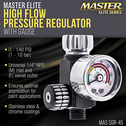 Master Airbrush Elite Series High Flow Spray Gun Air Pressure Regulator | With Gauge, 0 to 140 PSI - Air Regulator Control Adjusting Valve for Spray Guns