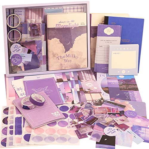 emmoolife 348 Pcs Scrapbooking Supplies Kit, Vintage Aesthetic Scrapbook Kit for Bullet Junk Journal, Stationery, A6 Grid Notebook, DIY Journaling Supplies, Birthday Craft Gift for Teen Girl Women - color: Moonlight