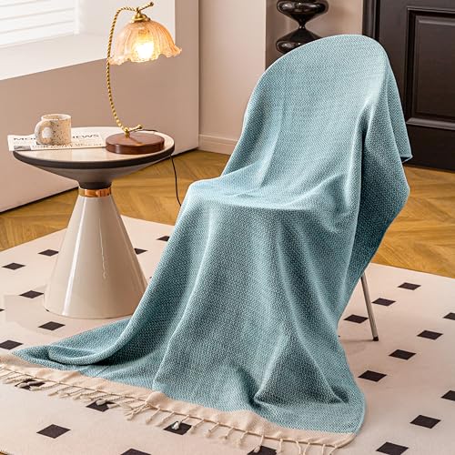 Peshtemania Premium Cotton Throw Blanket, 50x60 inches, Light Blue, Turkish Herringbone, Farmhouse Decor, Yoga Blanket, Picnic Blanket