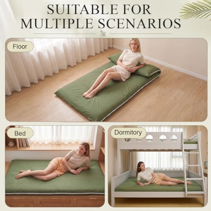 Marsui Japanese Floor Mattress with Washable Cover Thick Futon Mattress Tatami Mat Memory Foam for Adults Sleeping Camping Travel Guest Bed Bedroom Living Room Floor Lounger,Green