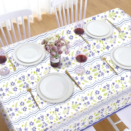 1Pc Blue Flowers Party Plastic Tablecloth 54 x 87 Inch Long Table Cover, Fresh Wildflowers Party Tablecover for Floral Theme Kids Baby Shower Birthday Dinner Picnic Kitchen Event - color: Blue Flowers