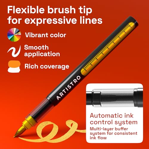 ARTISTRO 5 Gold Paint Pen for Rock, Glass, Ceramic, Wood, Tire, Fabric, Metal, Canvas, Marking, Painting - Set of 5 Acrylic Paint Markers Water-based - Brush Tip with Automatic Ink Control System - color: Gold, style: Brush Tip
