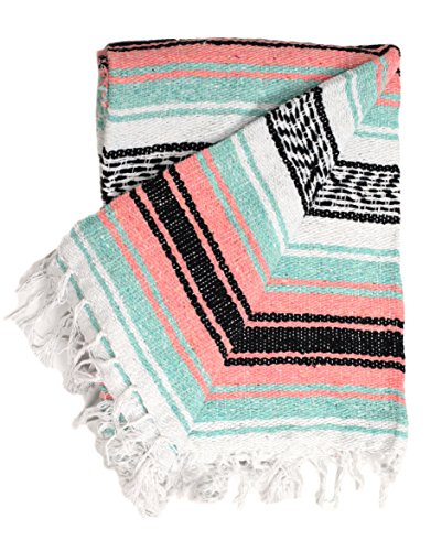 Open Road Goods Multi Color Mexican Falsa Blanket - Handwoven in Mexico - Great for The Beach, Picnics, Yoga, or a Throw! (Mint/Peach) - color: Mint/Peach