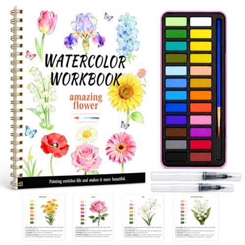 Watercolor Workbook - Water Coloring Book Set for Adults. 14 Beautiful Flower Designs Water Colors Book, 24-Color Watercolor Paint, 3 Brush Pens, 300g Watercolor Paper, Friendly for Beginners - color: Purple-Flower