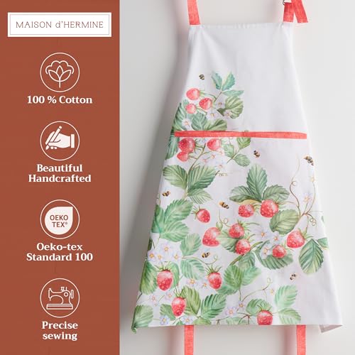 Maison d' Hermine Aprons for women with Pocket 100% Cotton (27.50"x31.50") | Adjustable Neck Strap & long ties Apron Men Chef Wedding Cooking Gardening Server Maid - color: 048 - Strawberry Summer