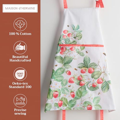 Maison d' Hermine Aprons for women with Pocket 100% Cotton (27.50"x31.50") | Adjustable Neck Strap & long ties Apron Men Chef Wedding Cooking Gardening Server Maid - color: 048 - Strawberry Summer
