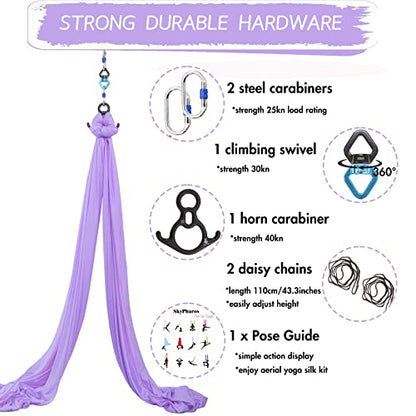 Aerial Silks Yoga Swing Set, Fitness Aerial Yoga Kit | Anti-Gravity Flight Aerial Yoga Hammock Kit; Low/Non Stretch Nylon Tricot Fabric; For Fitness & Dance; Hardware Included - color: 9Yards-Lilac