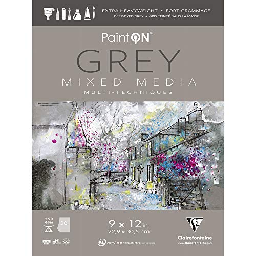Clairefontaine - Ref 975488C - Paint'ON Mixed Media Grey Glued Pad (20 Detachable Sheets) - 22.29 x 30.5cm (9 x 12in), 250gsm Heavyweight Paper (USA Version) - color: Grey, size: 9 x 12 inches
